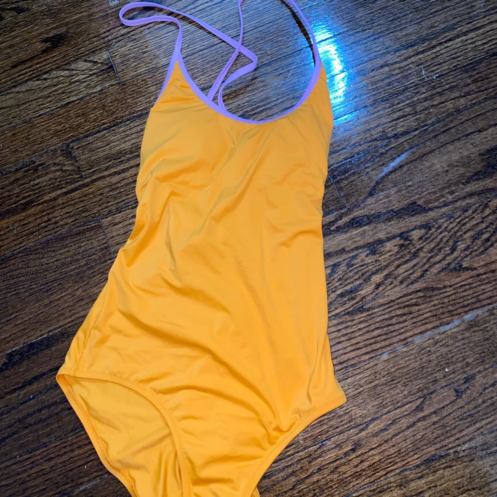 Orange and lavender UNIQLO one piece swimsuit
